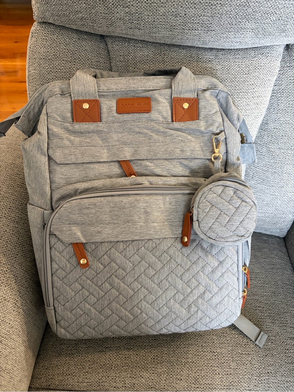 Gray quilted diaper bag